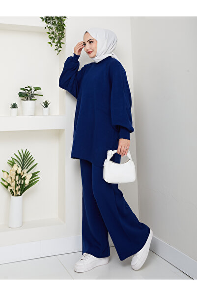 FERHEL Women's Balloon Sleeve Steel Mesh Tunic and Pants Two-Piece Set