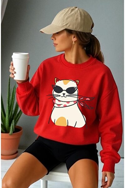 ArtYus سويت شيرت للجنسين بأكمام طويلة مطبوع عليه قطة بطباعة أمامية وياقة دائرية