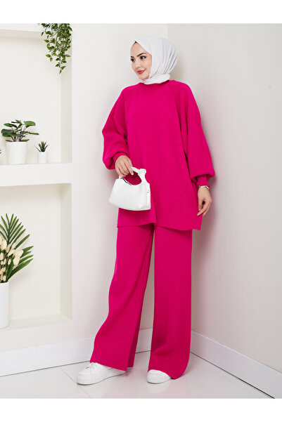 FERHEL Women's Balloon Sleeve Steel Mesh Tunic and Pants Two-Piece Set