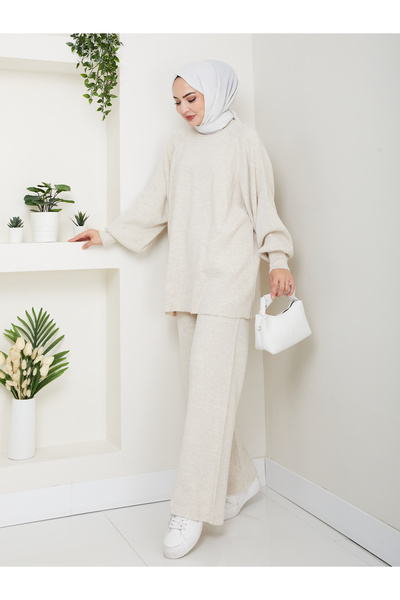 FERHEL Women's Balloon Sleeve Steel Mesh Tunic and Pants Two-Piece Set