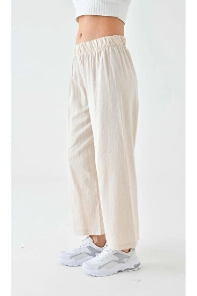 MVStore Women's Elastic Waist Wide Leg Comfortable Fit Flam Linen Trousers