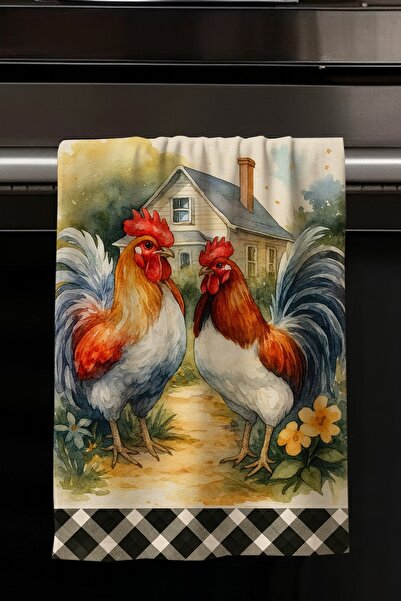 Else Dekor Colorful Rooster Chicken Farm Patterned Set of 2 Decorative Washable Cotton Kitchen Oven Hand Towels