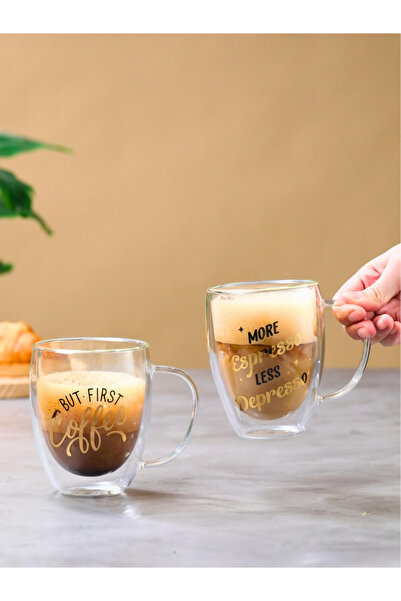 1Chase Borosilicate Double Wall Glass Mugs with Handle, 350ml