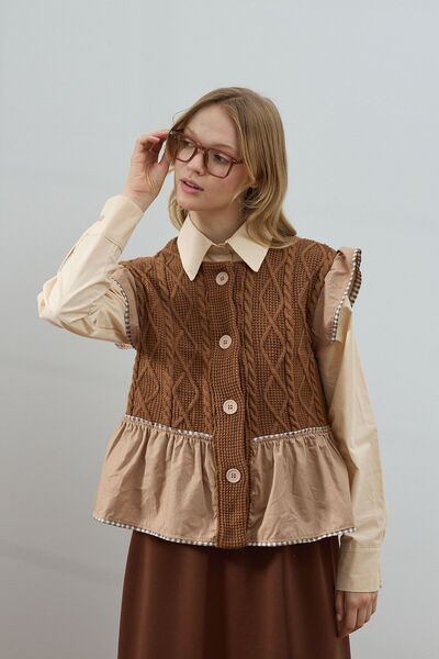 Ceylan Otantik Milky Coffee Ruffled Knitwear Vest & Bitter Coffee Scuba Skirt Set
