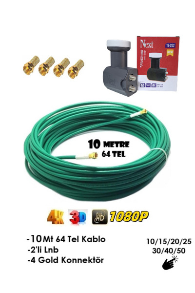 Vwin 10 Metre 64 Tel (YEŞİL) Gold Uçlu Hazır Anten Kablosu + 2'li Next LNB + ...