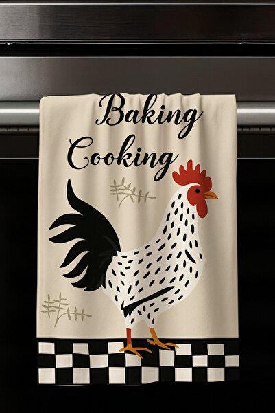 Else Dekor Gray Chicken Rooster Farm Patterned Set of 2 Decorative Washable Cotton Kitchen Oven Hand Towels