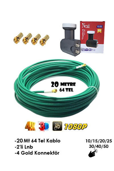 Vwin 20 Metre 64 Tel (YEŞİL) Gold Uçlu Hazır Anten Kablosu + 2'li Next LNB + ...