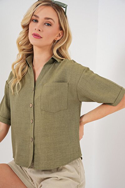 Hiccup Bdart Linen Blend Short Sleeve Button down Crop Shirt