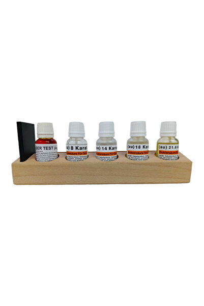 Duru Kimya İthal Premium Ayar Suyu 5'li Set (8K/14K/18K/21.6K + Gümüş + Mihenk Taşı) + Ahşap Stand