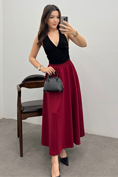 Bipantolon Fusta de scuba cu talie elastică pentru femei, bordeaux