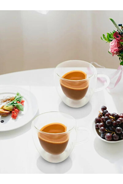1Chase Set of 2 - Heart Shaped Double Wall Glass Coffee Mug With Handle, 180ml