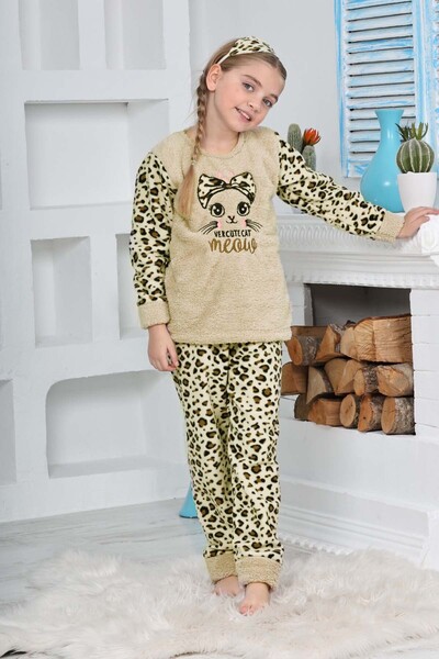 GRI MOR TEKSTIL Girl's Leopard Patterned Eye Patch Plush Fleece Pajama Set