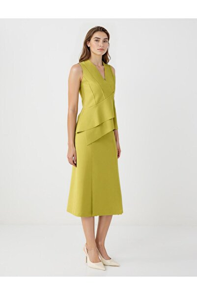 Jimmy Key Yağ Yeşili Düz Kesim Normal Bel Midi Örme Etek