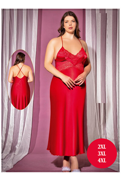lidofya Cross Strap Red Plus Size Long Satin Nightgown