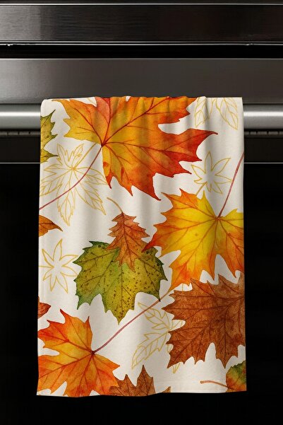 Else Dekor Autumn Plane Leaves Patterned Set of 2 Decorative Washable Cotton Kitchen Oven Hand Towels