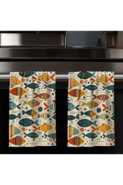 Else Dekor Set of 2 Decorative Washable Cotton Kitchen Oven Hand Towels with Colorful Fish Pattern