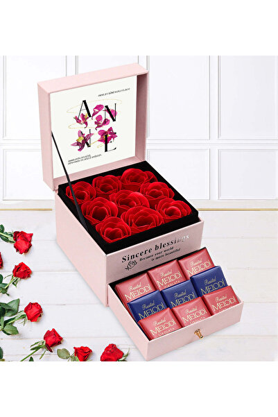 Trendmiya Anneler Gününe Özel Çikolatalı Çekmeceli Pembe Gül Kutusu