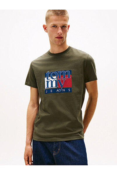 Tommy Hilfiger Men's Brand Logo Organic Cotton Crew Neck Green T-Shirt Suitab...