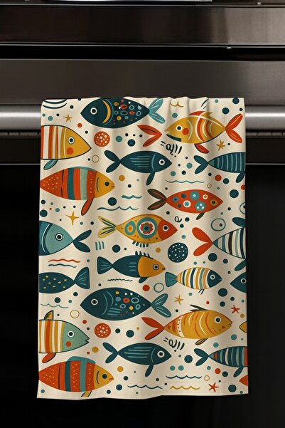 Else Dekor Set of 2 Decorative Washable Cotton Kitchen Oven Hand Towels with Colorful Fish Pattern
