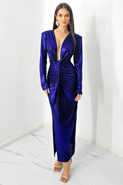 FashionForYou Rochie lunga Julietta, crapatura pe picior si decolteu adanc, Albastru Metalizat