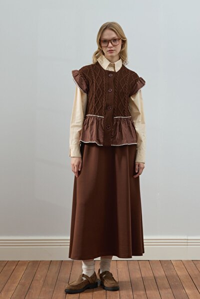 Ceylan Otantik Σετ πλεκτό γιλέκο με βολάν Bitter Brown & Φούστα Scuba Bitter Brown