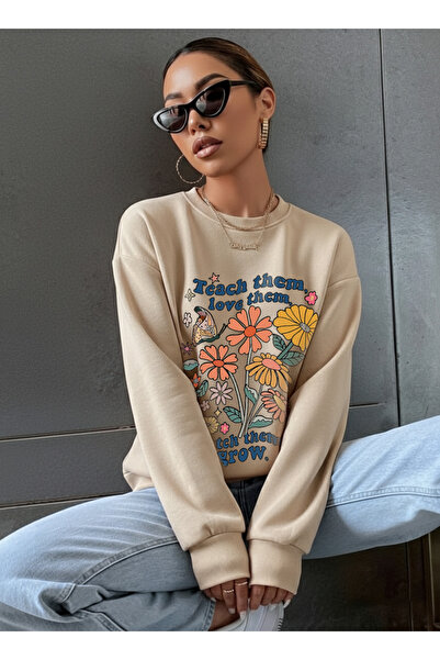 uyguntarz Unisex Teach Them Love Them Printed Oversize Crew Neck Sweatshirt