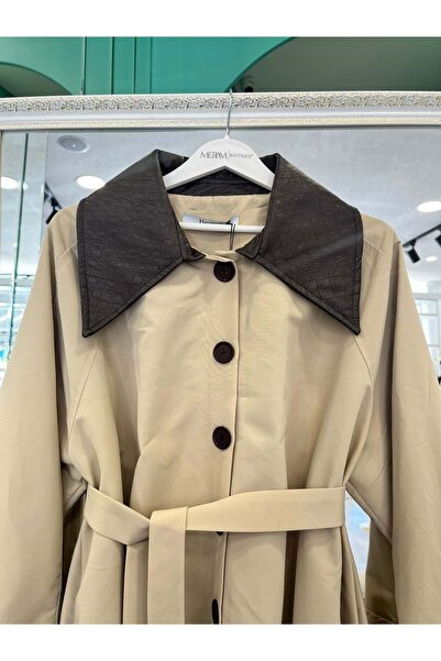 MERAM BUTİK Suit Jacket with Leather Detail on the Collar - Beige - 1 (Oversize Suitable for Size 36-38)