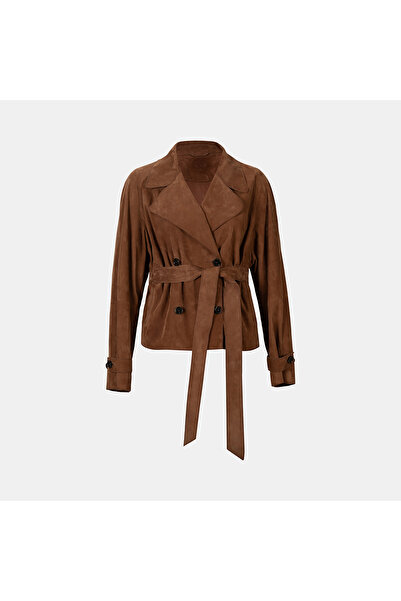 Desa Limited Edition Women's Tan Waist-Tied Suede Short Trench Coat