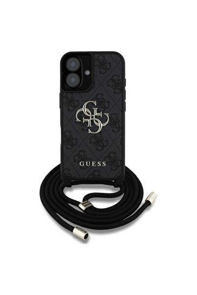 Guess Θήκη για iPhone 16, Σκληρή θήκη 4G με μεγάλο λογότυπο και λουράκι καλωδίου, λεπτή προστασία, συμβατή, μαύρη
