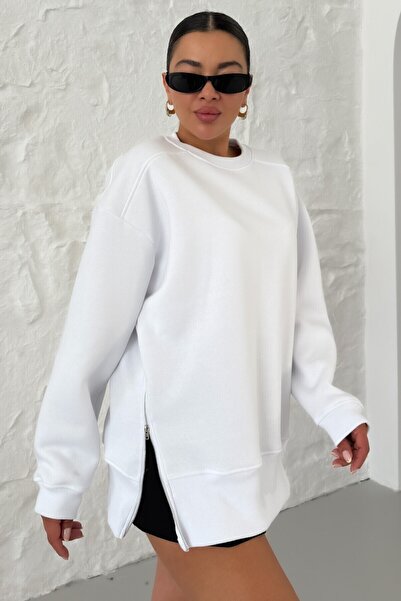 Know Kadın Beyaz Bisiklet Yakalı Yanı Yarım Fermuar Detay Sweatshirt