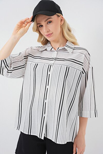 Hiccup Bdart Three Quarter Sleeve Striped Poplin Shirt