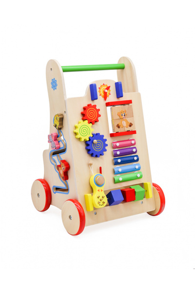 Ikonka Ikonka, educational wooden baby walker with xylophone, rotating gears, clock