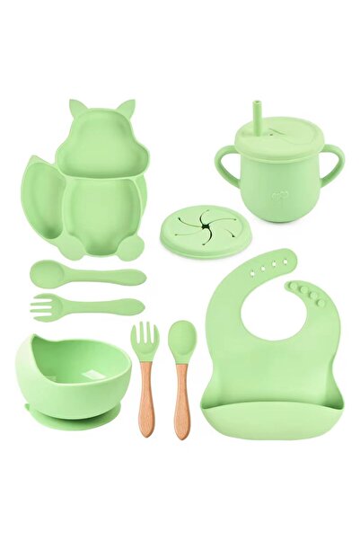 Denn Store Set diversificare pentru copii 8 piese silicon BPA free, 6+ luni, farfurie, bol, pahar, bavetica