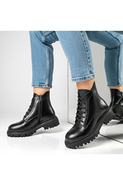 Modlet.ro Ghete negre pentru femei din piele naturală, cu șireturi și fermoar...