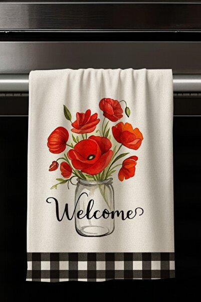 Else Dekor Set of 2 Decorative Washable Cotton Kitchen Oven Hand Towels with Red Poppy Flower Pattern