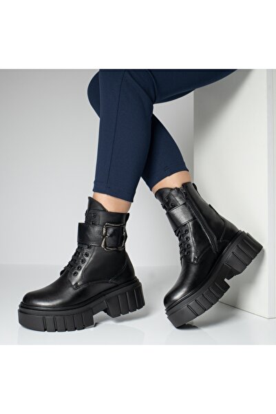 Modlet.ro Ghete negre pentru femei din piele naturală, cu șireturi și talpă g...