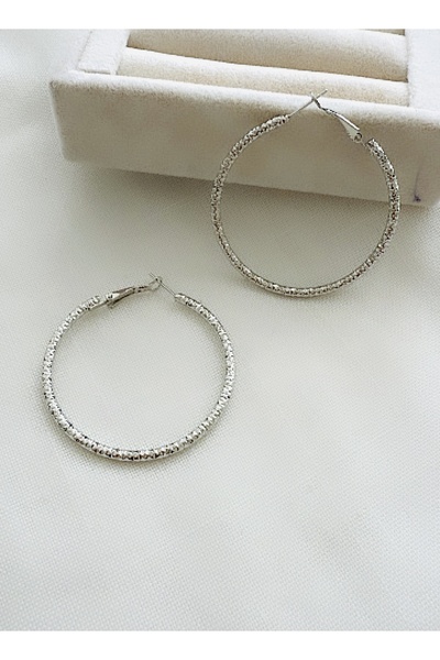 VNS Accessories Rodyum Kaplama Işıltılı Görünüm Halka Küpe (5 cm)