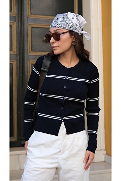 Butik Lacivert Fitil Örme Çizgili Kadın Triko Hırka