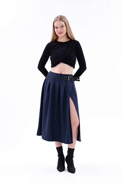 Pulli Collection Navy Blue Plaid Midi Skirt with Slit Detail