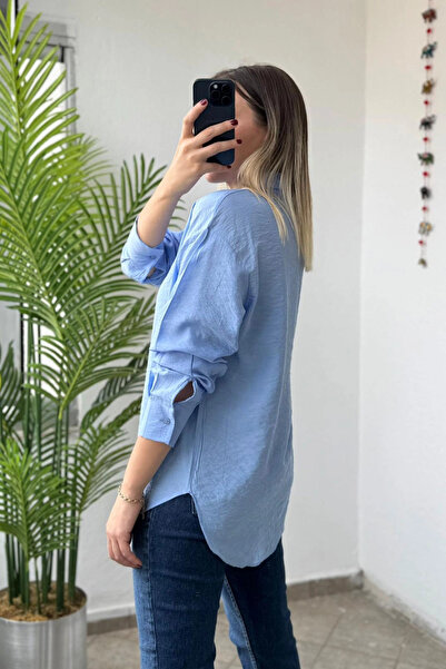 Kubos Moda Cămașă de damă albastră cu mânecă lungă din in brodat cu ursuleț