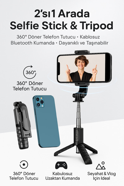 Coverzone Magic Snapshot Selfie Stick - 2’si 1 Arada, Paslanmaz Çelik, Katlan...