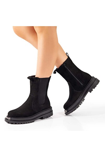 Modlet.ro Women's black suede genuine leather boots with zipper and elastic M...