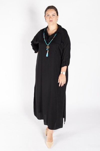 Bedrinxxl Kadın Büyük Beden Uzun Gömlek Yaka Siyah Rahat Kesim Şık Günlük Elbise