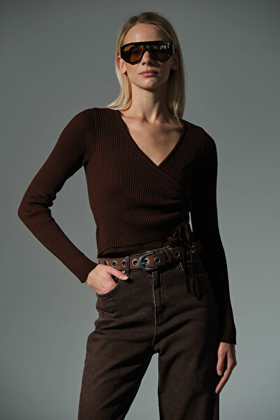 Domoda Διπλό στήθος με κορδόνια με βαθύ λαιμόκοψη με μακριά μανίκια Μπλούζα Πλεκτό Γυναικείο πουλόβερ @Siena