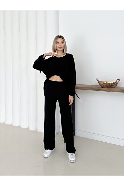 MODAMERSİ Women's Black Thessaloniki Fabric Bell-Bottomed Top and Bottom Set