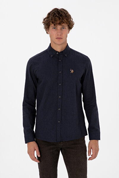 U.S. Polo Assn. قميص أساسي بأكمام طويلة باللون الأزرق الداكن للرجال 50307686-...