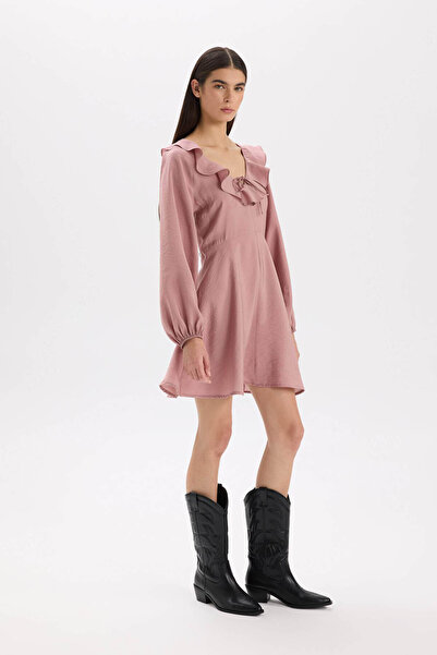 DeFacto V Neck Basic Plain Modal Long Sleeve Black Mini Dress E4213Ax24Wn