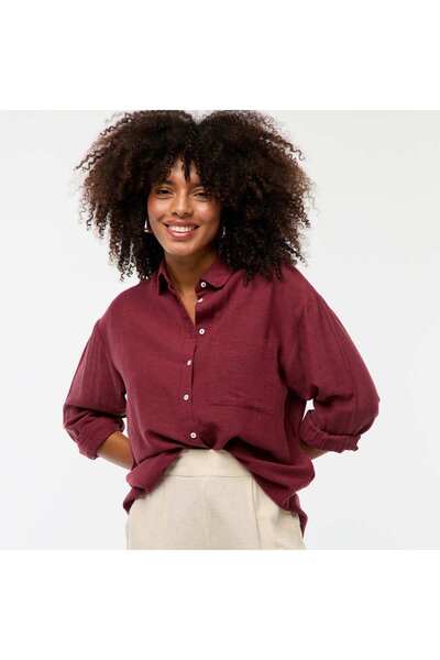 KIABI Oversized striped linen shirt BROWN