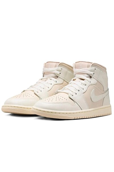 Nike Air Jordan 1 Mid Unisex Leather Sneaker Hakiki Deri Bilekli Günlük Spor Ayakkabı Krem