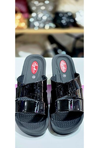 Ayder Black Shiny Banded Lightweight Wedge Sole Women's Slippers